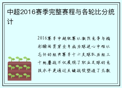 中超2016赛季完整赛程与各轮比分统计