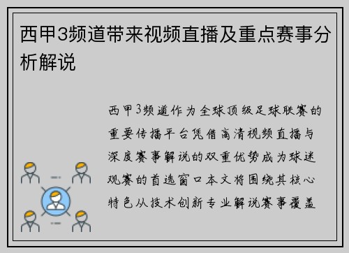 西甲3频道带来视频直播及重点赛事分析解说